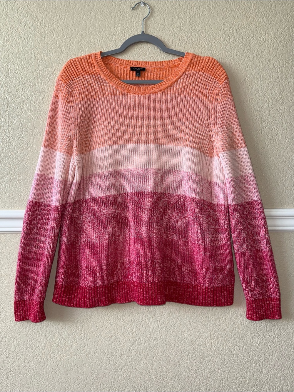 Talbots 100% Pima Cotton Knit Sweater Crewneck Colorful Striped Large Petite
